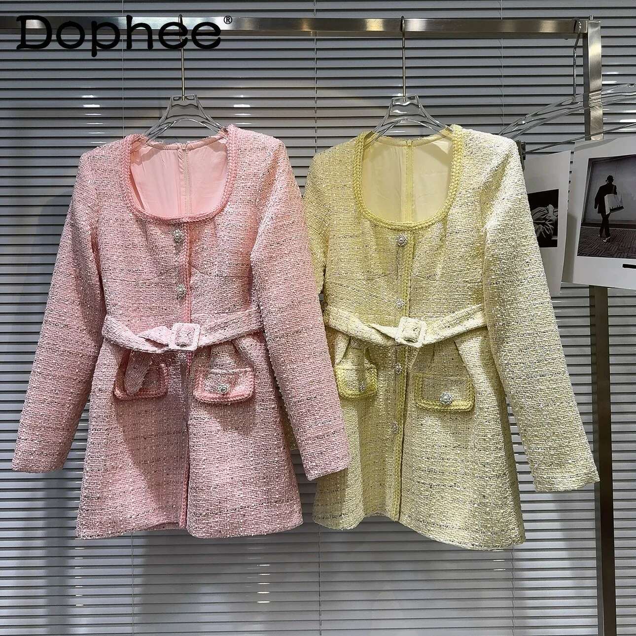 Retro Square Neck Pearl Buckle Temperament Lady Belt Trench Coat 2024 Autumn New Elegant Tweed Dress For Women