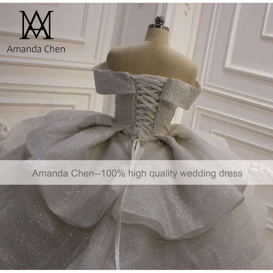 Robe Mariage Femme Off Shoulder Pleat Folds Glitter Shiny Wedding Dress