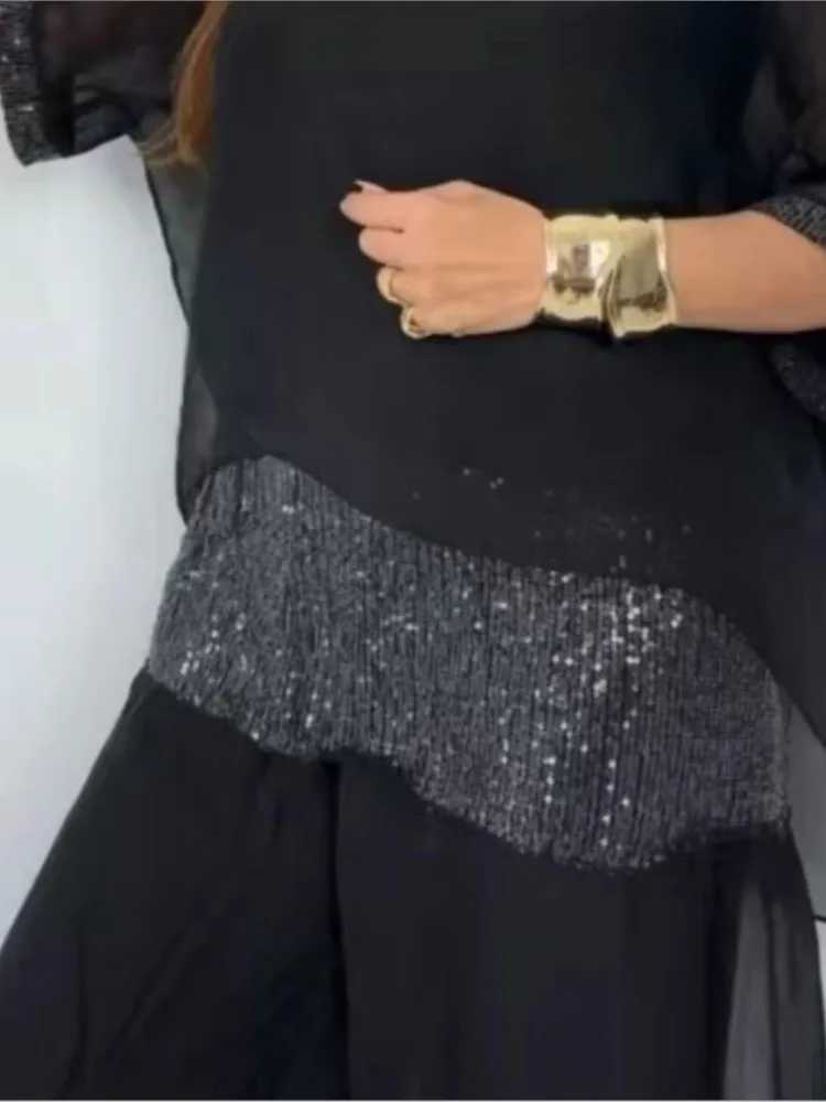 Fashion Sequin Splicing Chiffon Bat Short Sve For Womens Solid Color Suit Summer New Casual Ele Fe Office 2piece SetXJ250106