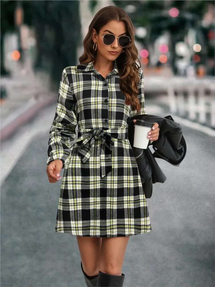 Autumn Winter Women's New Fashionable Lantern Sleeve Strap Waist Pattern Printed Single Breasted Shirt Casual Dress