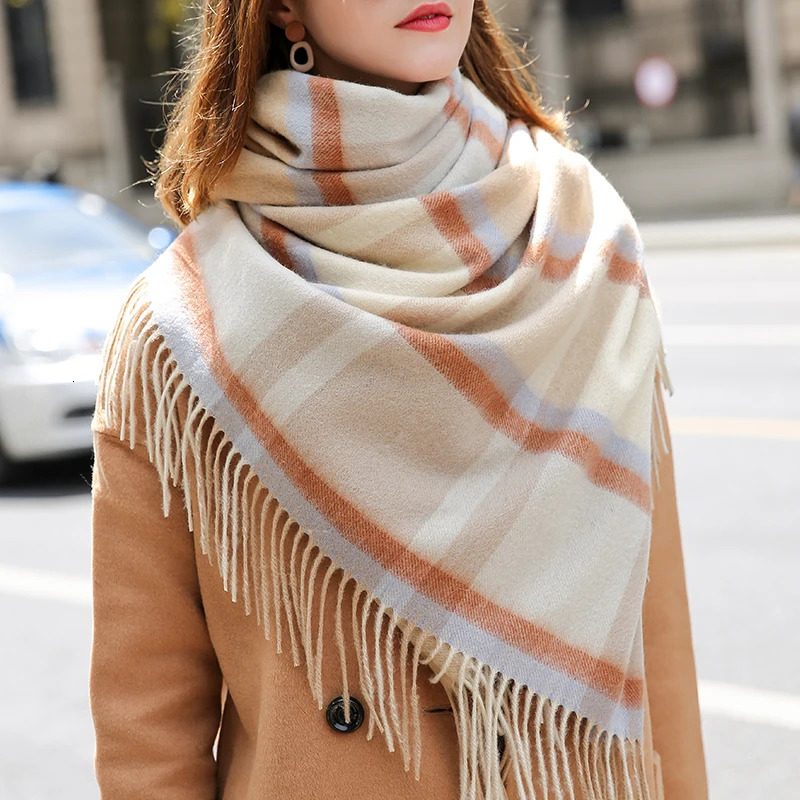 Winter 100% Lamb Wool Scarf Women Thicken Warm Shawls Wraps Checkered Pashmina Foulard Femme Plaid Cashmere Scarves 250106