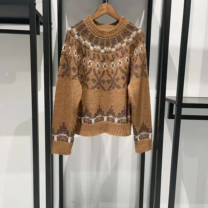 Women 2025 New Autumn And Winter Fair Isle Jacquard Pullover Sweater/Big Flare Jeans