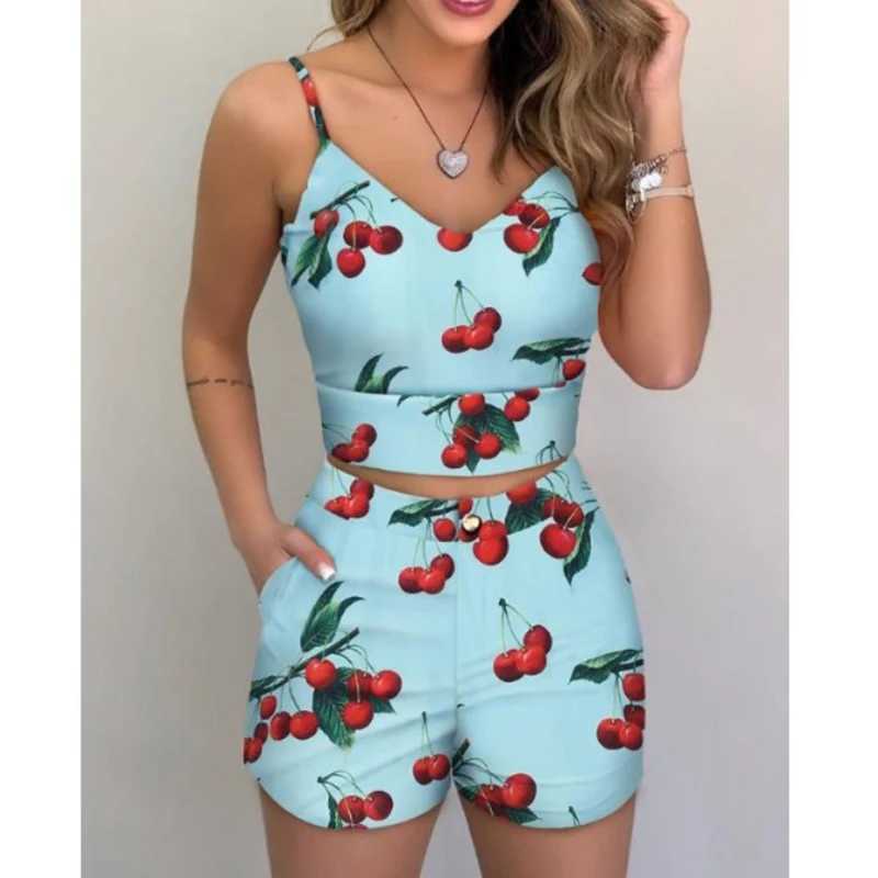 Women 2-piece Outfit Set Fe High Waist Hot Shorts Pants Suit Summer Flower Printed Sveless V-neck Sling Blouse Shorts SetXJ250106