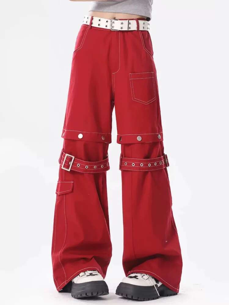 2025 Adagirl Red Baggy Cargo For Women Y2k Hip Hop Vintage Goth Hippie Removable Wide Leg Denim Pants Streetwear Casual Bottoms