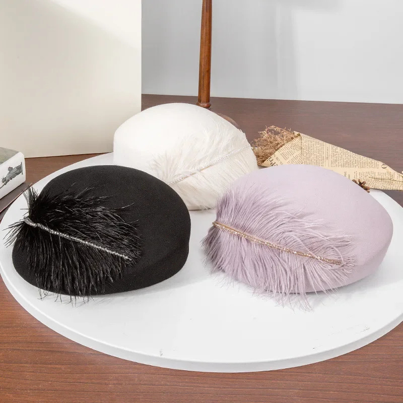 2024 high-end fashion French ostrich wool inlaid with rhinestone wool beret Exquisite and elegant womens banquet hat 250106