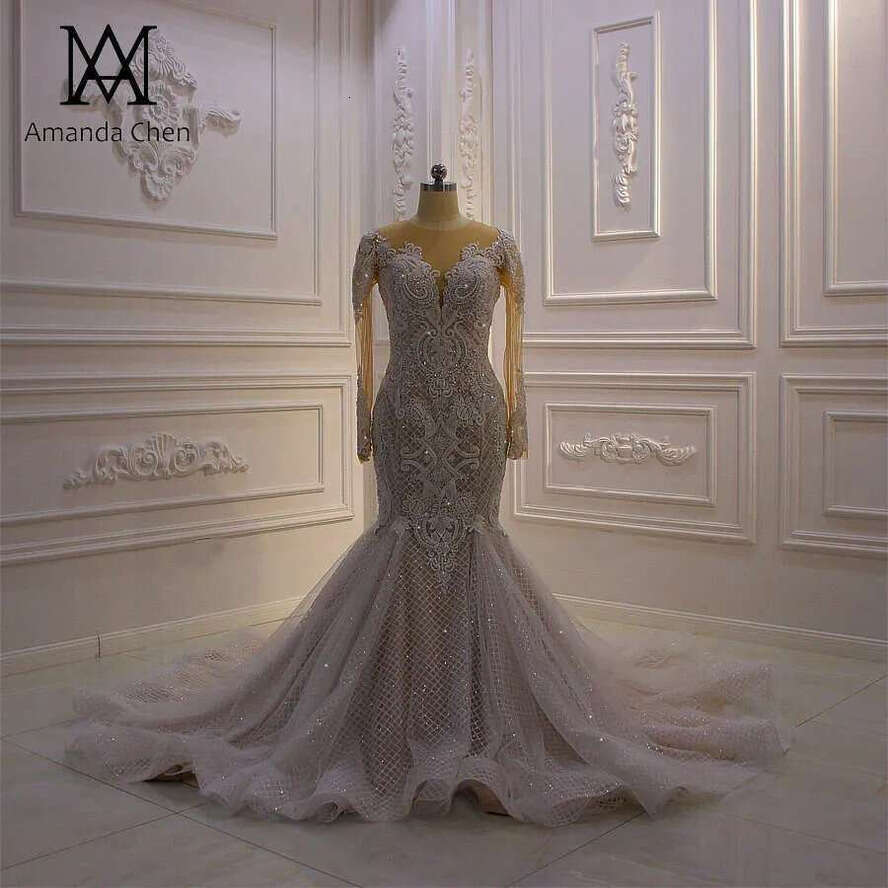 Amanda Novias Lace Appliques Glitter Champagne Wedding Dress Mermaid
