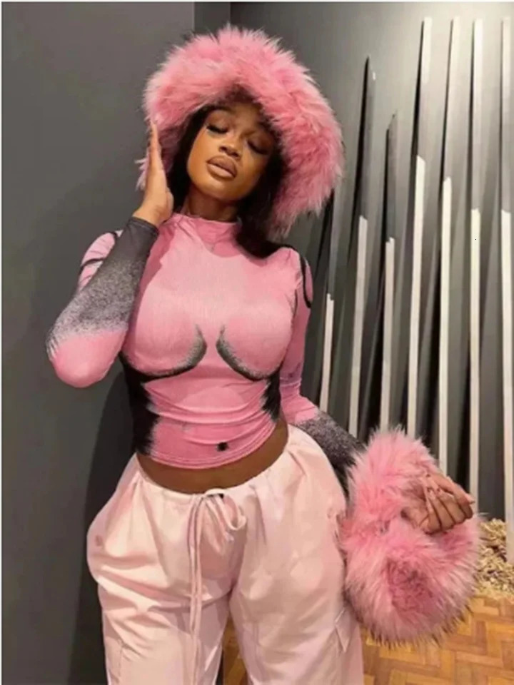 Body portrait Printed Slim Fit Top Female Sexy Long Sleeved Round Neck Pink T-shirt Womens Fashion Street Trend Autumn Top 250106