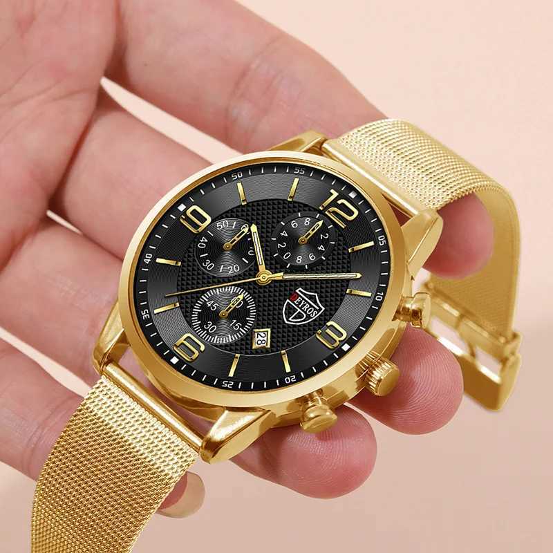 2pcs Fashion Mens Gold Stainless Steel Watches Luxury Quartz Wrist Watch Men Business Casual Calendar Watch Men Necklace SetsX250107