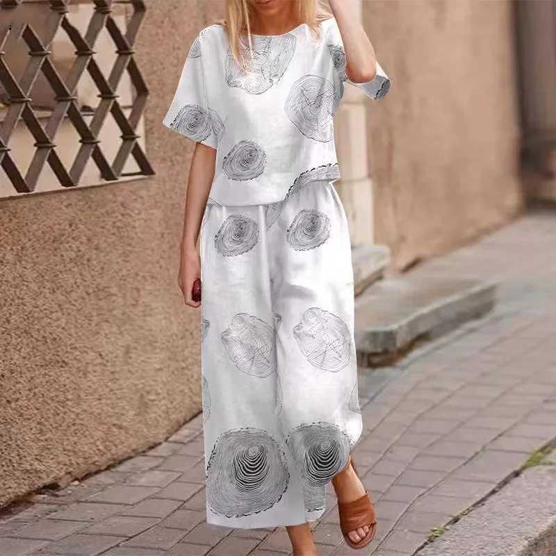 Summer Suit For Women Retro Printed Round Neck Cotton Linen Short-sved Casual Trousers Wide-leg Pants Two-piece SetXJ250106