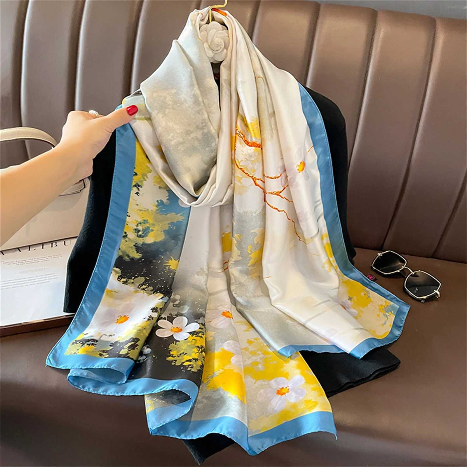 Popular 180X90CM Printed Bandannas European and American Silk Scarf Seasonal Satin Beach Towel 2022 Fashion Flower Length Shls W250106