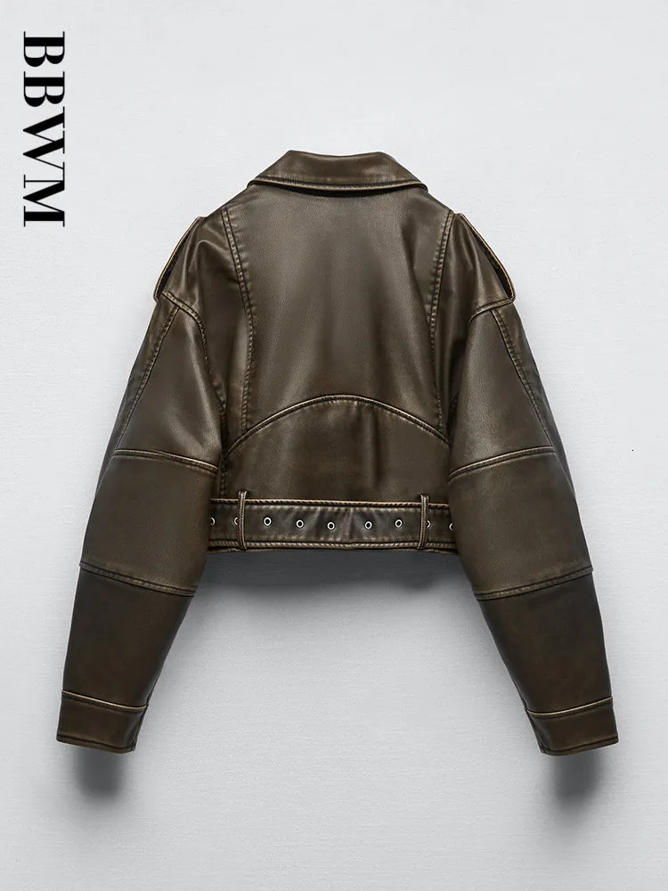 TRAF PU Retro Zipper Belt Motorcycle Street Womens Jacket Spring Chic Short Long Sleeve Slim Fit Female Tops 250107
