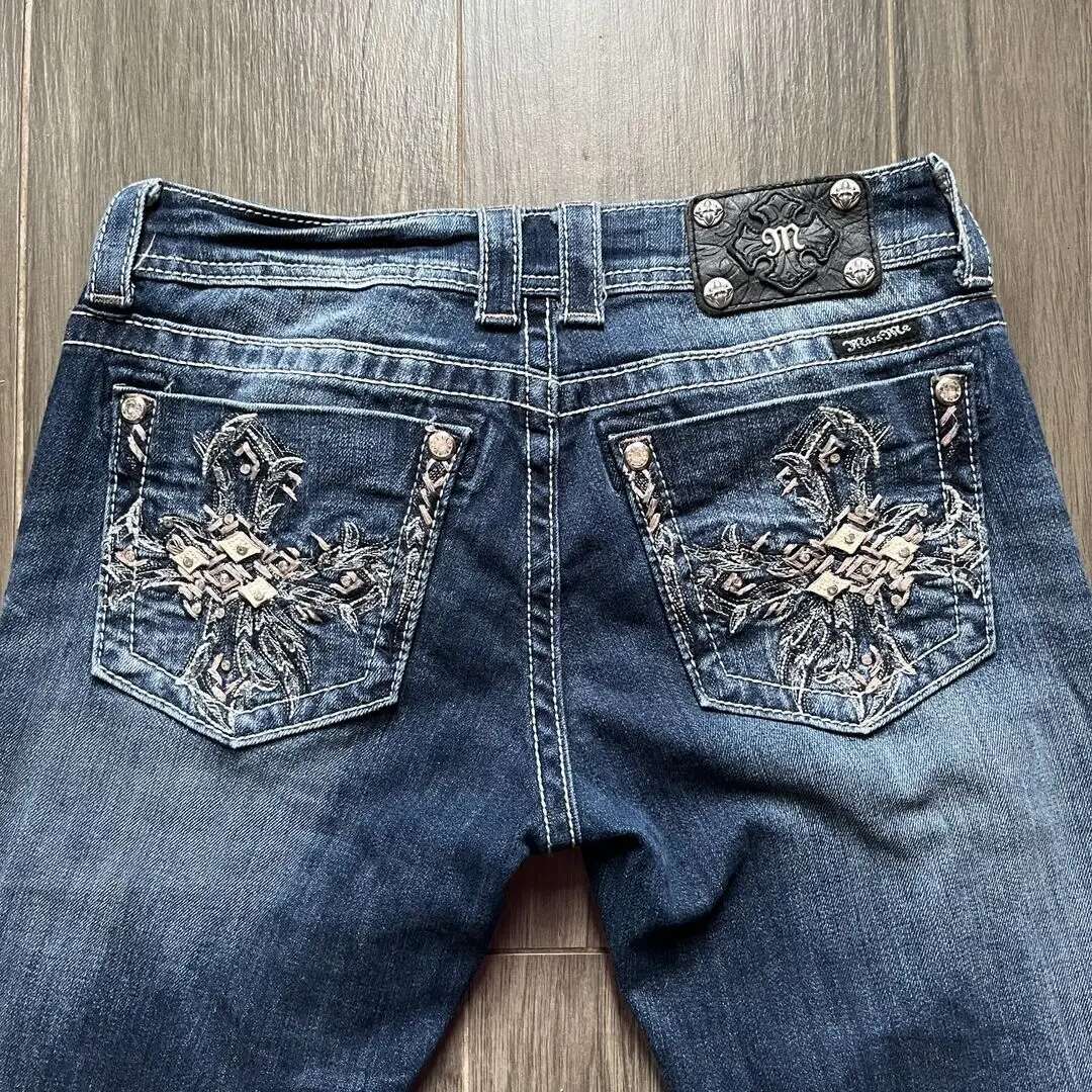 American Haruku Gothic Y2k Heavy Industry Washed Blue Embroidered Pattern Women's Autumn Street Trend Slim Flared Jeans