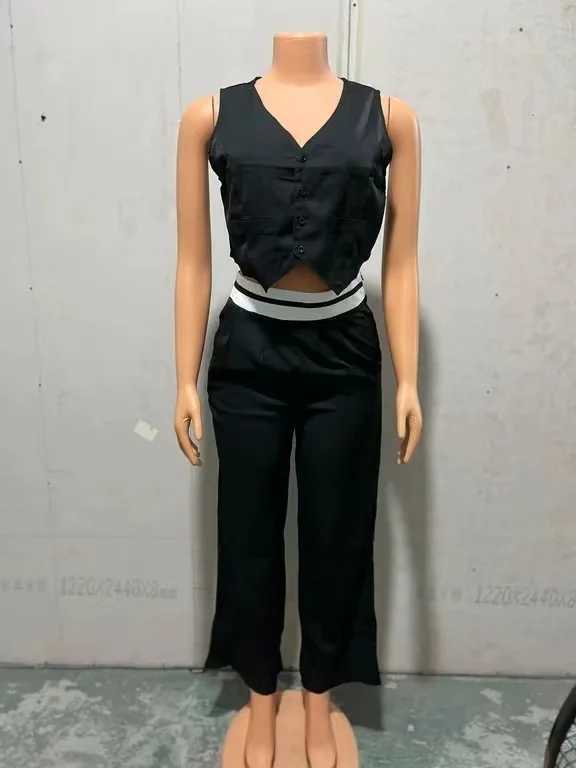 Hot Selling 2 Psc for Women 2024 Summer Casual Simple Solid Color Sveless V-Neck Buttoned Vest Top Pocket Design Pants SetXJ250106