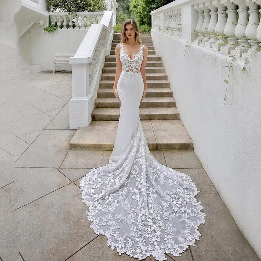 Vestido De Noiva Sexy V-neck Mermaid Lace Wedding Dress Tank Sleeve customized Bridal Robes Satin Court Train Bride Dresses Free ship