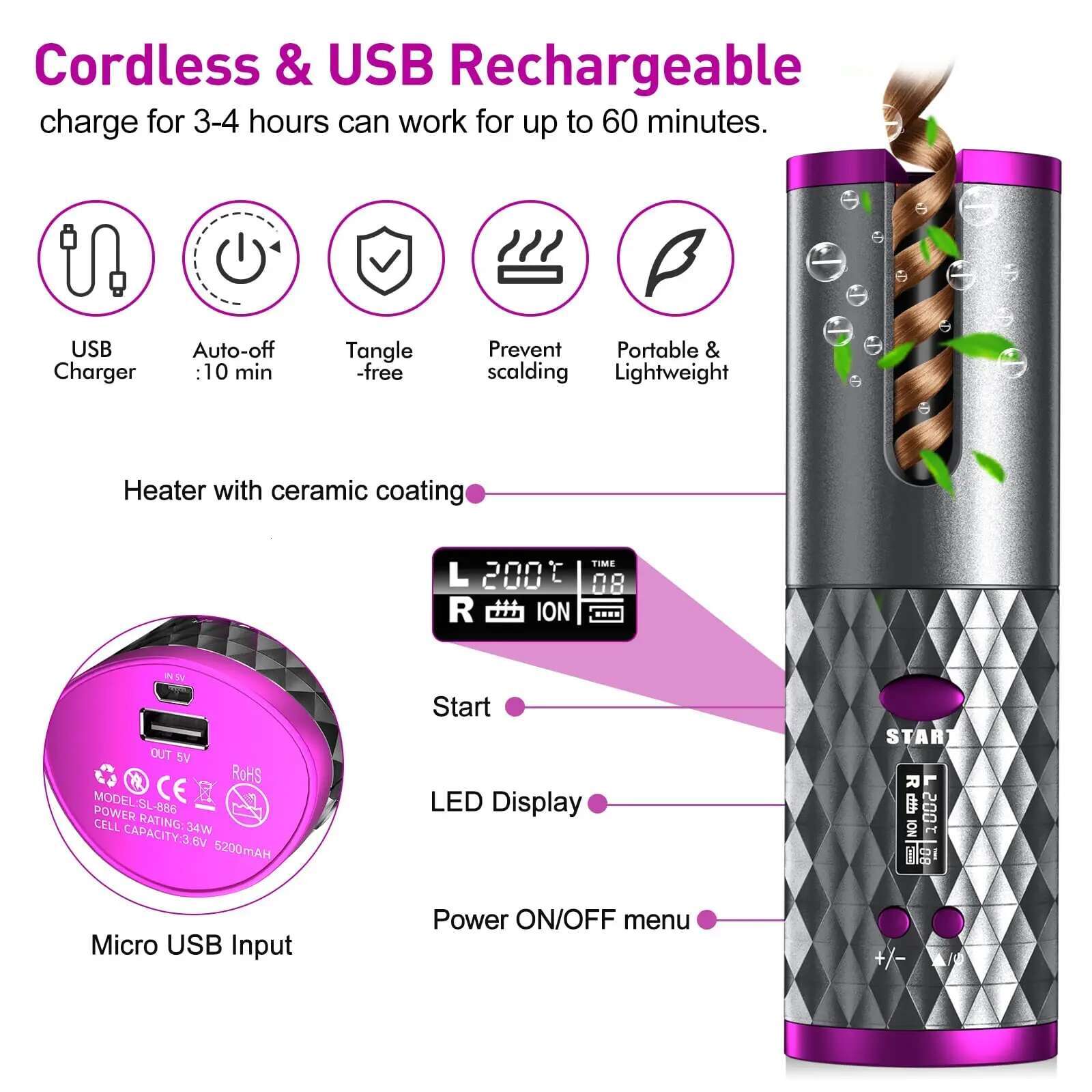 Cordless Curg Iron, USB Rechargeable, Ceramic Automatic Rotating Curler with 6 Temps, Portable Hair Dryer Styler,Timers