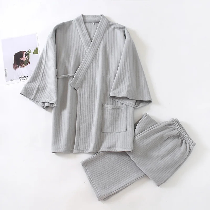 Autumn Winter Japanese Style MenS Kimono Pajamas 100% Cotton Air Layer Mixed With Oversize Sleepwear TwoPiece Nightie 250103