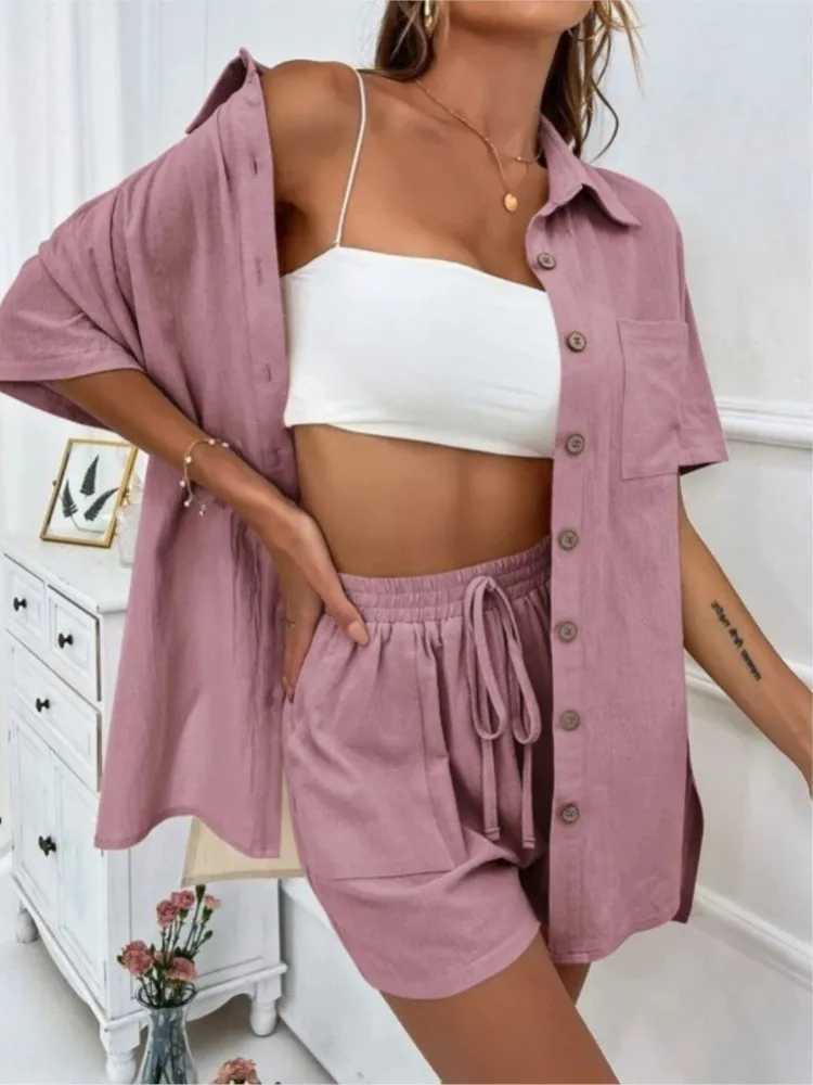 Casual Cotton 2 Piece Set Women Suit Fashion Short Sve Solid Color Shirt +loose Shorts Summer Office Lady Comfortable SetsXJ250106