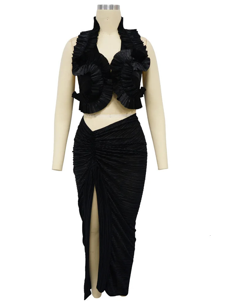 Beyprern Beautiful Pleated Cropped Top High Slit Resort Skirt Set Summer Ruffles Glamour Skirt Set Night Club Outfits Clubwear 250106
