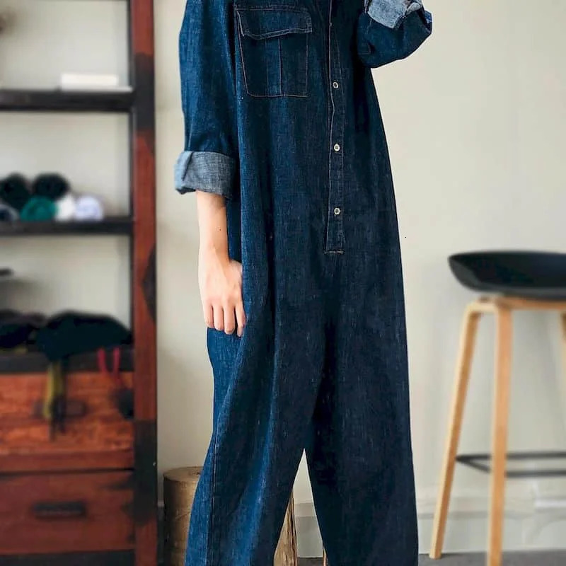 Oversized Denim Jumpsuit Suit Women Blue Long Sleeve Playsuits High Waist Fashion Tops Casual One Piece Outfit 250103
