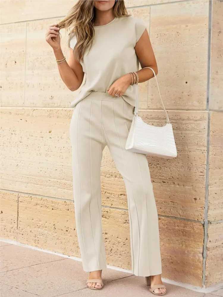 2 Piece Sets Women Outfit Sveless Casual T Shrit Top Knitted Vest Wide-leg Pants Ice Summer New Solid Color Casual OutfitXJ250106