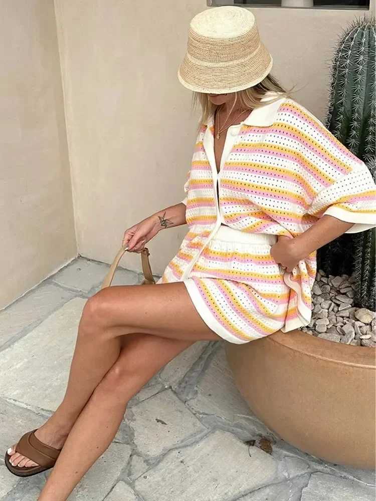 TR Chic Lapel Half Sves Top High Waist Short Set Women Stripe Printed Shirt Shorts Suit Fe Fashion Ladies Striped SuitXJ250106