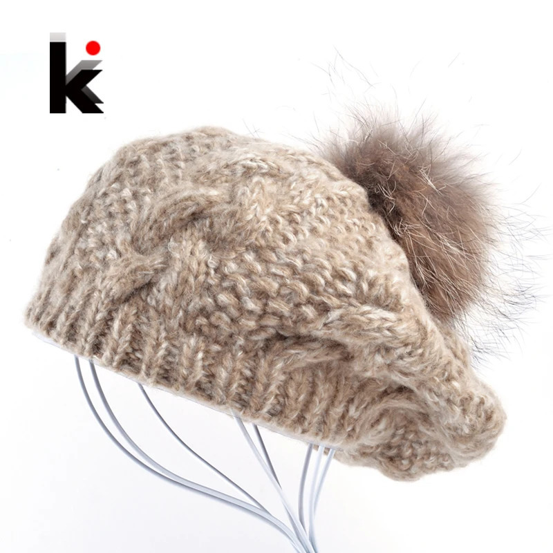 Winter Raccoon fur pompom beret ladies knit wool hat hand-knitted cap female berets hats for women boina feminina Gorras 250106