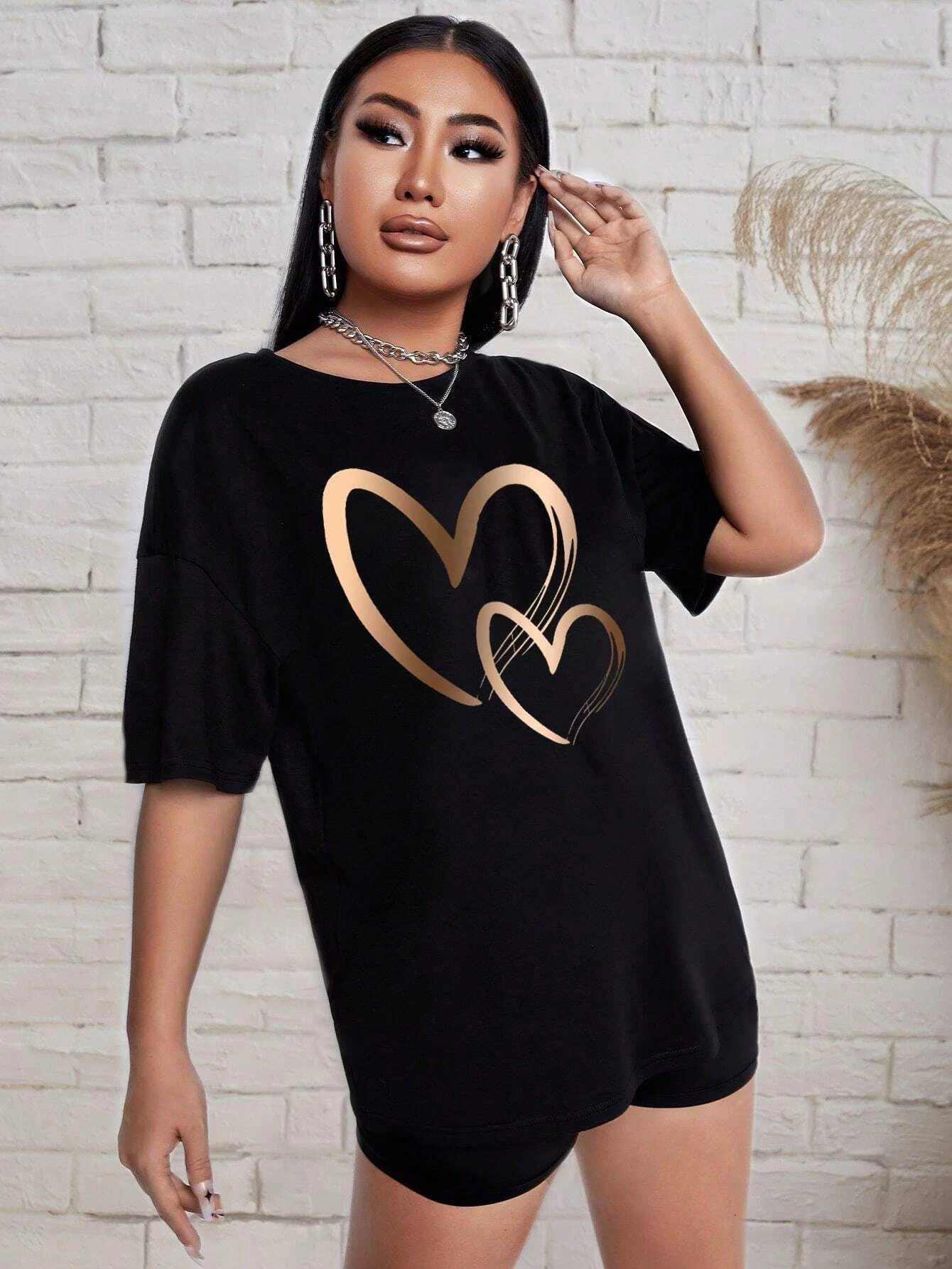 Love Pattern Print Women Cotton T Shirts Two Piece Set Fashion Hip Hop Short Sets Breathable Soft Summer New Shirt Shorts FeXJ250106