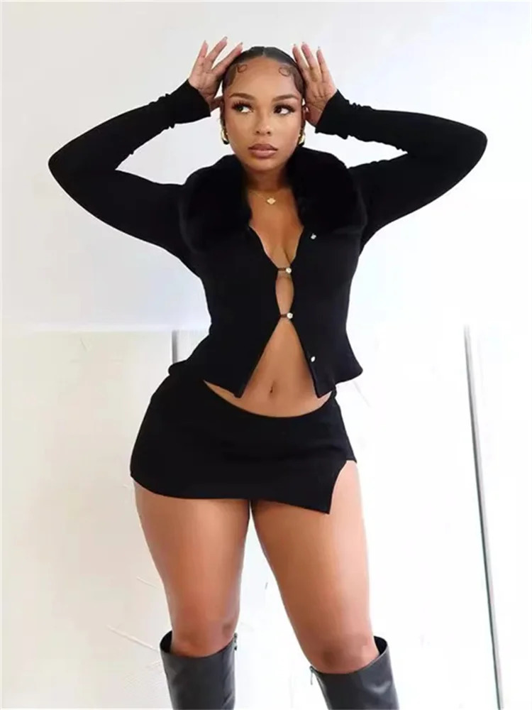 Weird Puss Fluff Patchwork 2 Piece Set Women Cardigan Single-Breasted Full Sleeve Crop JacketRibbed Mini Skirts Sexy Trend Suit 250106