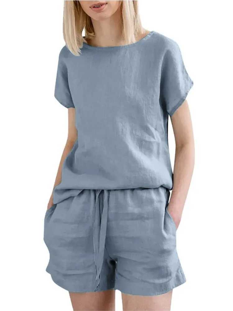 2024 Summer Fashion Women Two Piece Sets Short Blouse Lace-up Short Sets Fe Casual O-neck Tracksuit Tops Loose OutfitsXJ250106