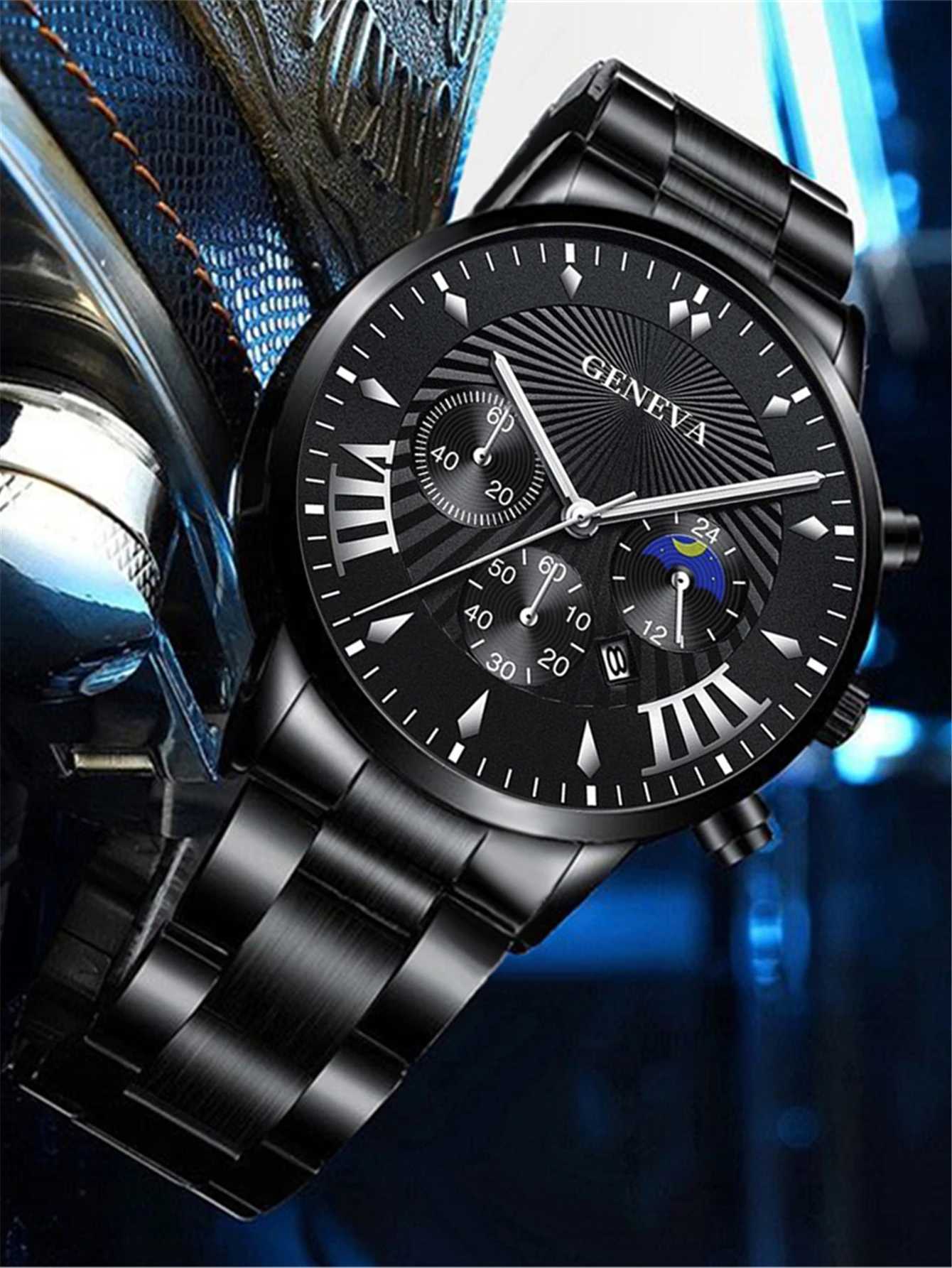 2PCS Fashion Mens Black Bracelet Watches Set Men Business Stainless Steel Quartz Watch Male Calendar WristwatchX250107