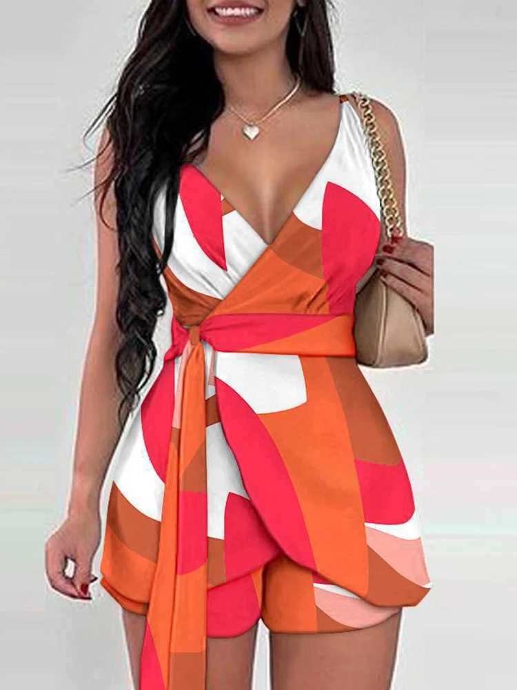 2024 Spring Summer Fashion Floral Slim Casual Two Piece Sets Ele Women Sexy V-neck Sveless Wrap Lace Up Top Shorts SetXJ250106