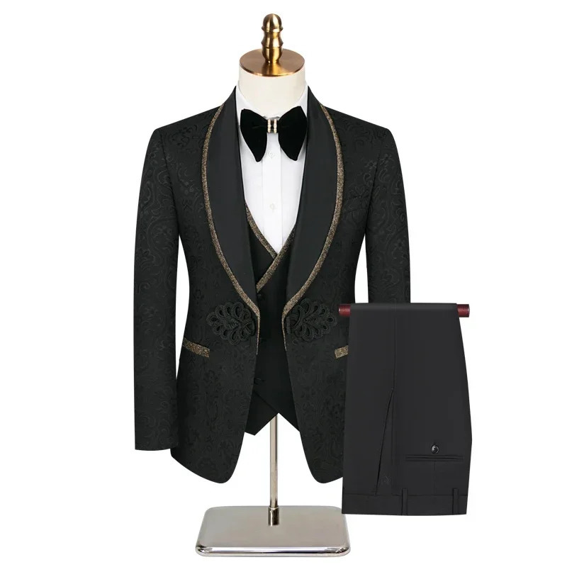 Wedding Banquet Mens Suits Dress Threepiece Wide Collar Jacquard Blazer Fashion Casual Jacket with Pant and Vest 250107