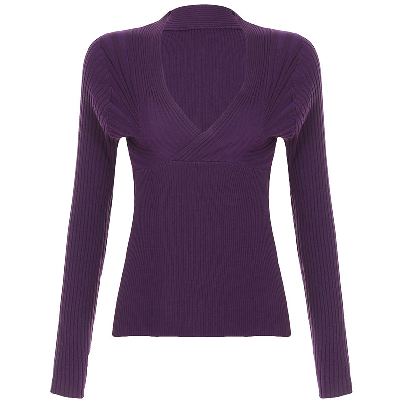 Fashionable intellectual style knitted pullover V-neck slim fit sexy spicy girl long sleeved knitted t-shir