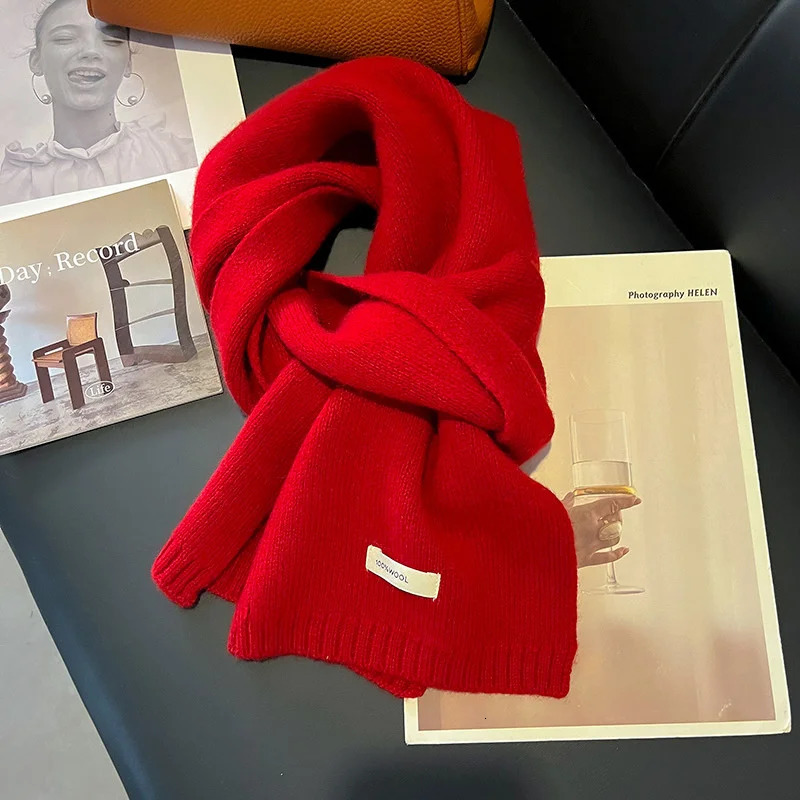 Knitted Scarf Women 100% Wool Winter Warm Scarves Bright Solid Color Thickened Shawl Soft Cashmere Pashmina Neck 250106