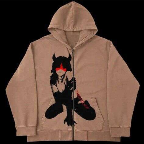 Fashion hoodie spring and autumn solid color anime character print loose long sleeved cardigan zipper