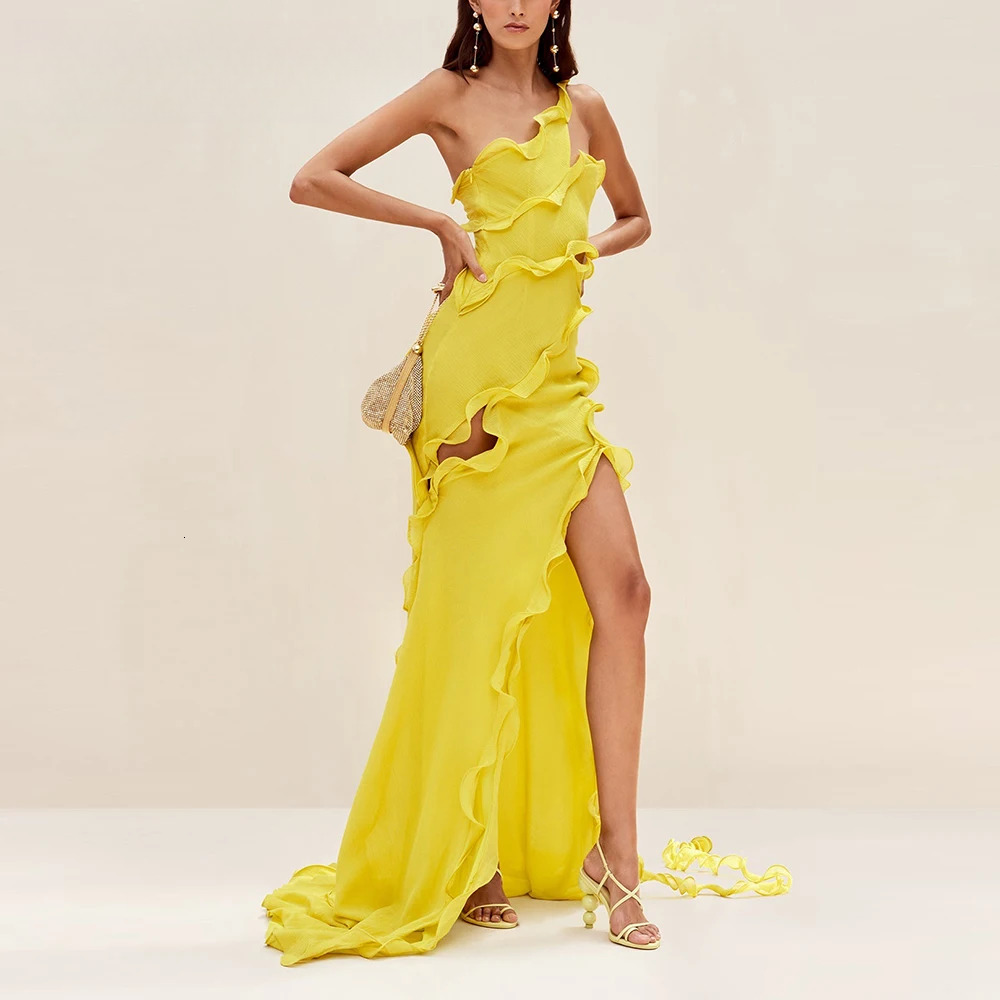 Solid Split Slimming Dresses For Women Diagonal Collar Sleeveless Backless High Waist Temperament Dress Female New