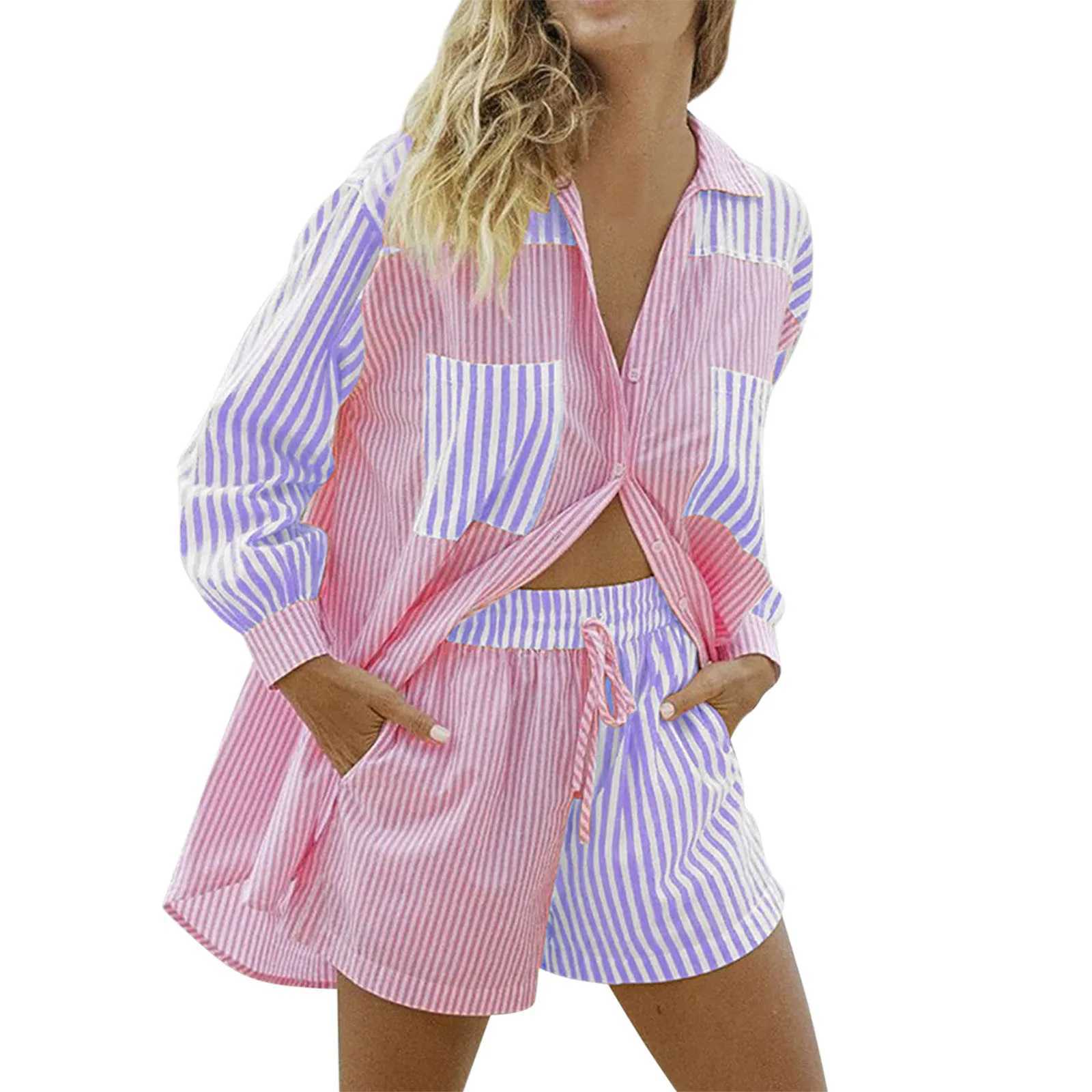 Clothing sets Matching Pocket Color Sved Shirt Lapel Striped Suit Long Shorts Women Womens Shorts Suit XJ250106