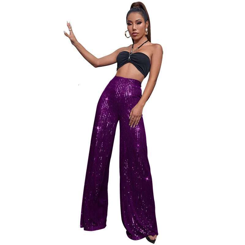 High Waisted Glitter Pants For Women 2025 Spring Summer Clothing Sparkly Sequin Loose Wide Leg Trousers Party Clubwear