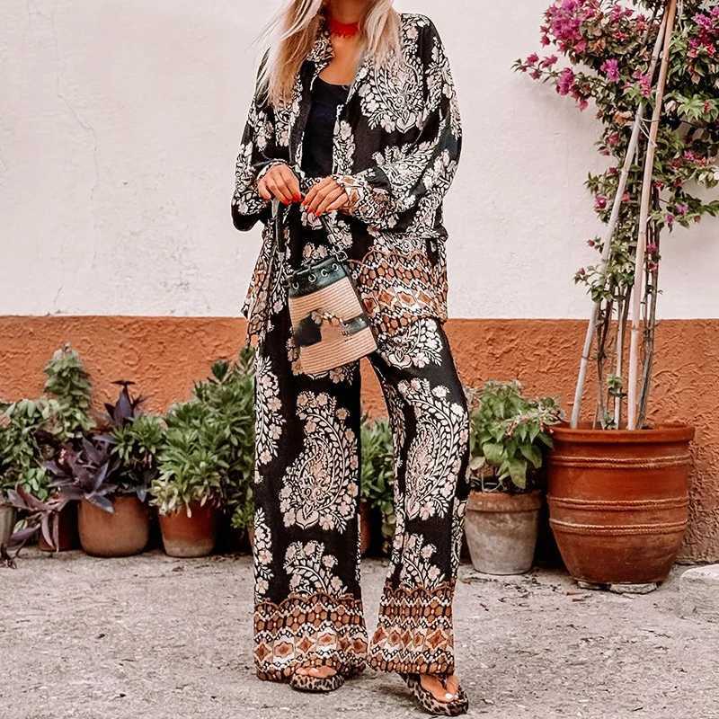 2025 New Long Sved Coat and Pants 2 Piece Set Casual Loose Bohemian Outfits Vintage Pattern Printed Straight Womens SuitsXJ250106