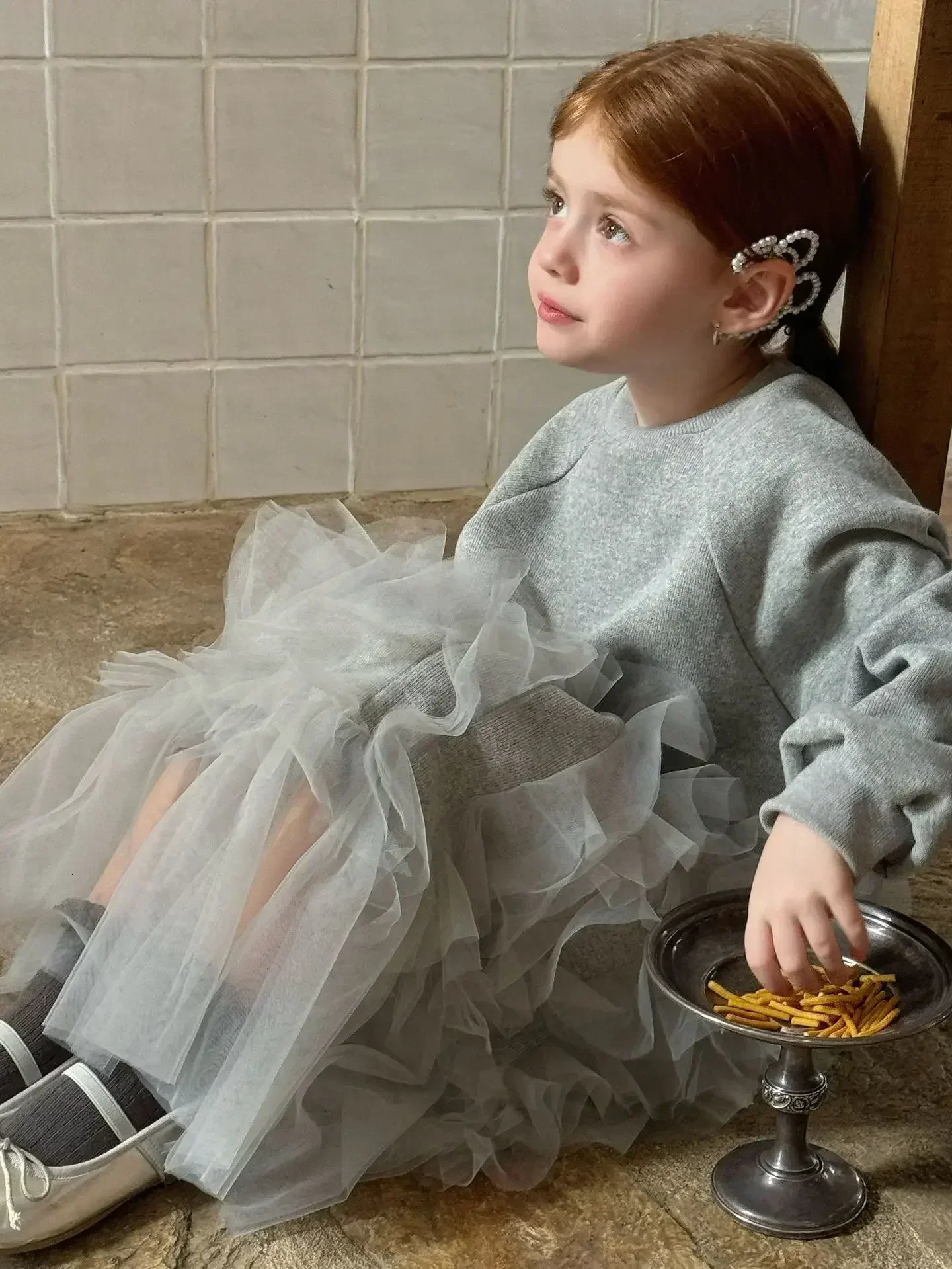 2024 Autumn Baby Girl Clothes Grey Patchwork Dress Girls Dress Flower Girl Ivory Dress 250106