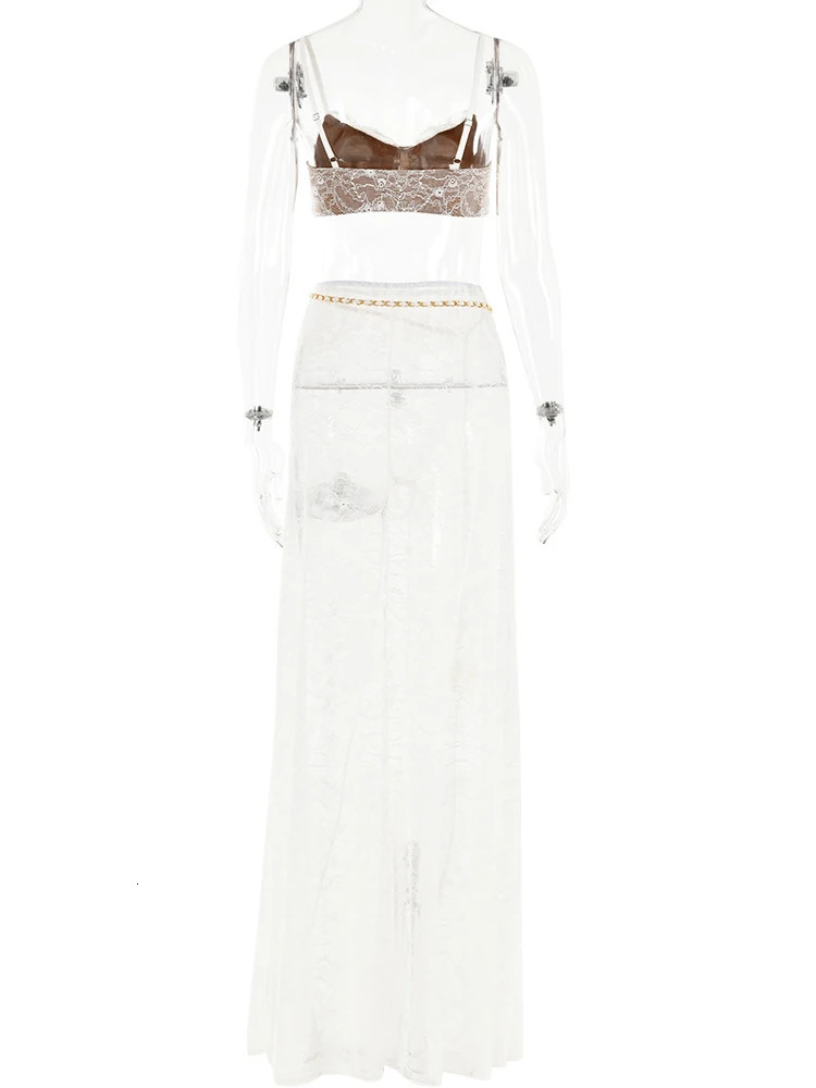 Avrilyaan White Lace Sexy Two Piece Set Hollow Out Top Chain Long Skirt Women Set Elegant Evening Party 2 Piece Set Women 250106