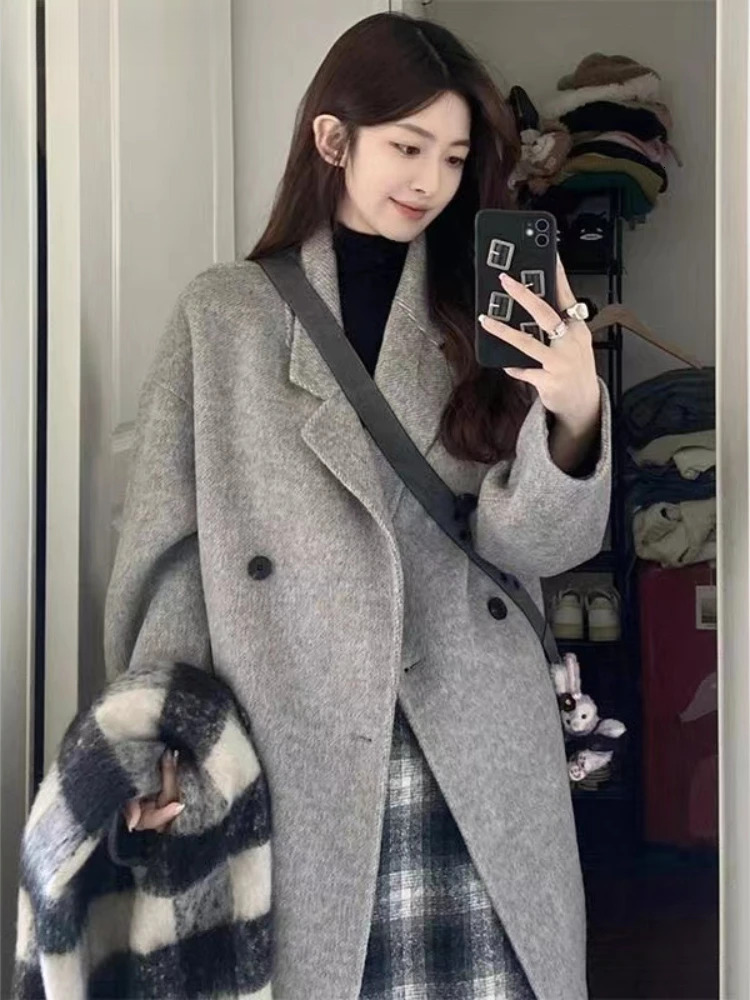 Long Wool Coats Women Autumn Winter Double Breasted Baggy Outwear Keep Warm Korean Style Windbreak Temper Daily Stylish Casual