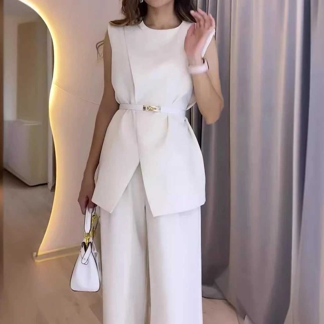 Two Piece Sets Women Pants Set Round Neck Belt Sveless White High Waist Tops Solid Wide Leg Long Pants Slim Fit EleXJ250106