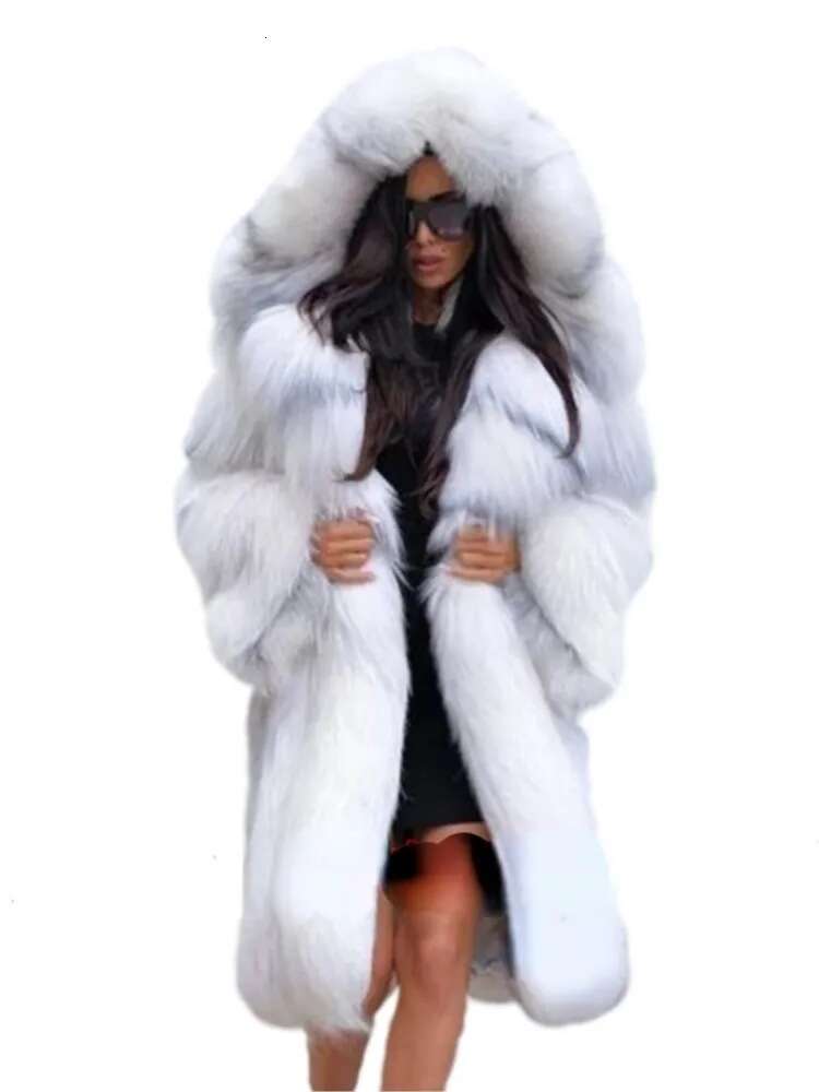 Winter Fashion Faux Fox Hooded Fur Women's Mid-Length Warm Loose Coat For Woman S-Xxxxl