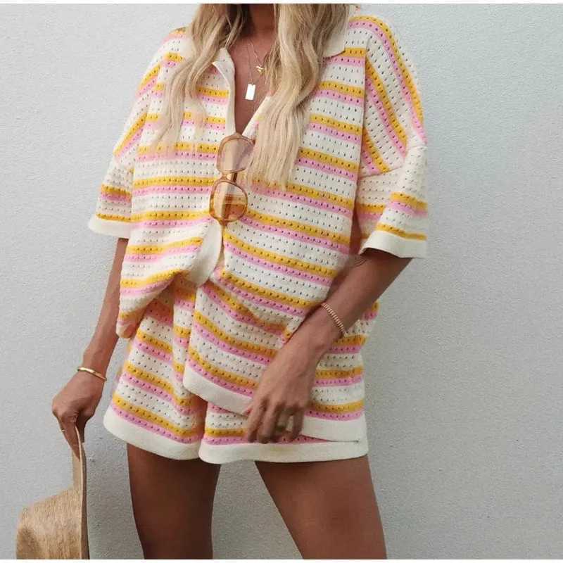 Women Stripe Print Knit 2 Piece Sets Ele Lapel Half Sve Tops High Waist Shorts Set Loose Casual Single Breasted OutfitsXJ250106