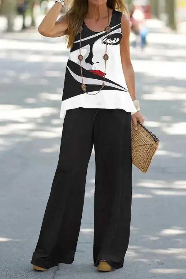 2023 Women 2 Piece Outfits Boho Casual Printed Vest Sveless Top Loose Wide Leg Pants Trousers Two Piece Set Ele SuitXJ250106