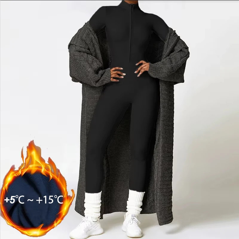 Warm Thin Fleece Jumpsuits Womens Tracksuit Winter OnePiece Sports Suit Black Fitness Jumpsuit Long Sleeves Workout Bodysuit 250103