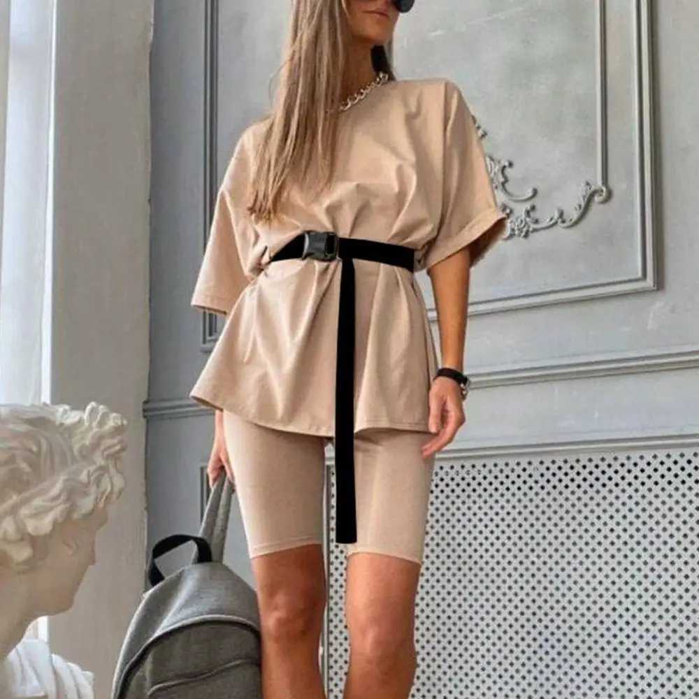 Women Half Sve T-shirt Top Shorts Belt Homewear Two Pieces Suit Leisure Set Loose Sports Tracksuits Summer Hot SuitXJ250106