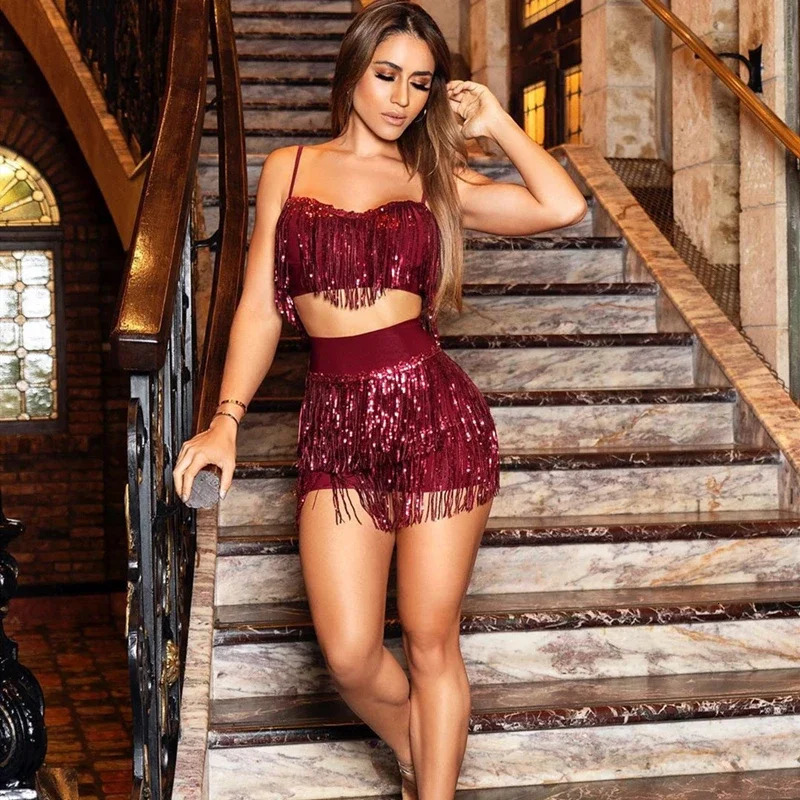 ANJAMANOR Sexy Club Two Piece Set Sequin Fringe Glitter Beach Party Outfits 2 Pcs Set Women Skirt Crop Top Matching Sets D47FD26 250106