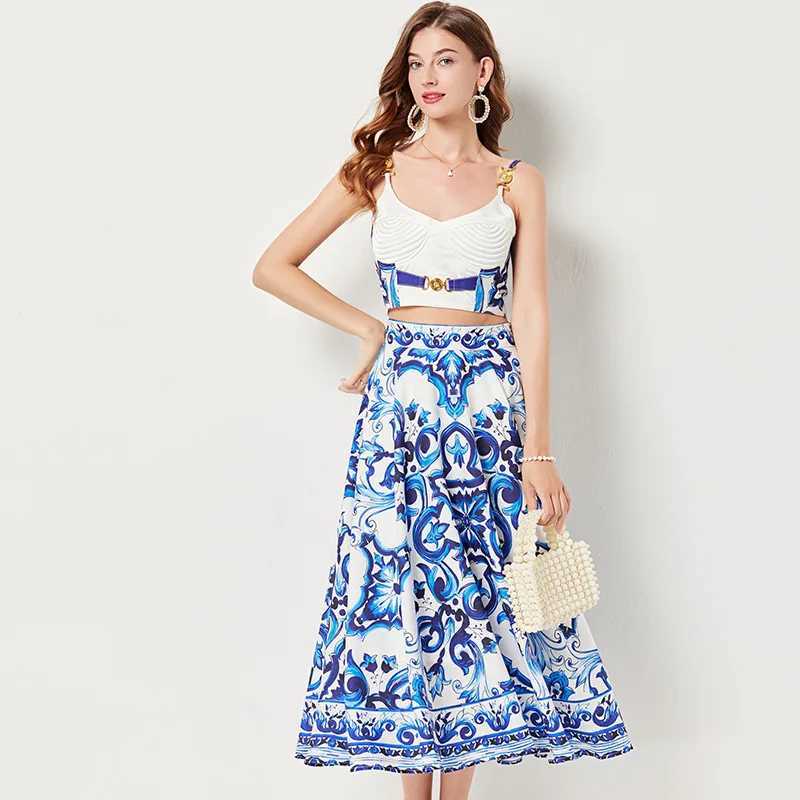 Summer holiday blue and white porcelain two-piece set womens spaghetti shoulder strap cushion cup zipper printed short top+long jacket W250107